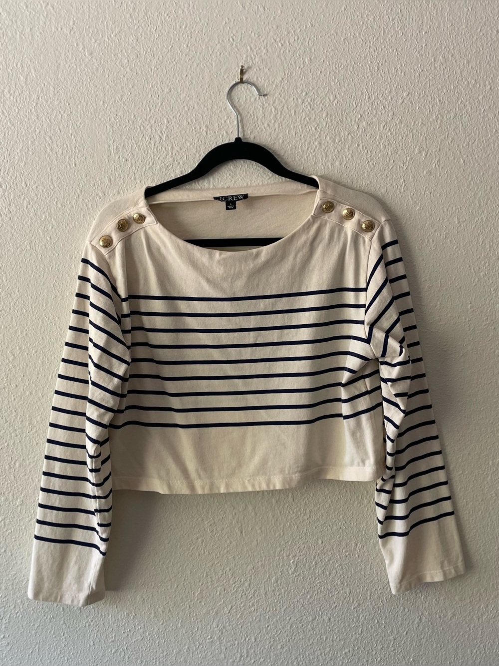 J.Crew Stripe Sailor Top Gold Crest Buttons Nautical Cropped Boxy Shirt Size S